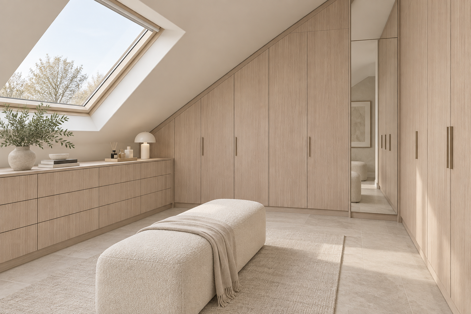 Design visualization: under-eaves wardrobes in Twilight Burr, decor HG3002