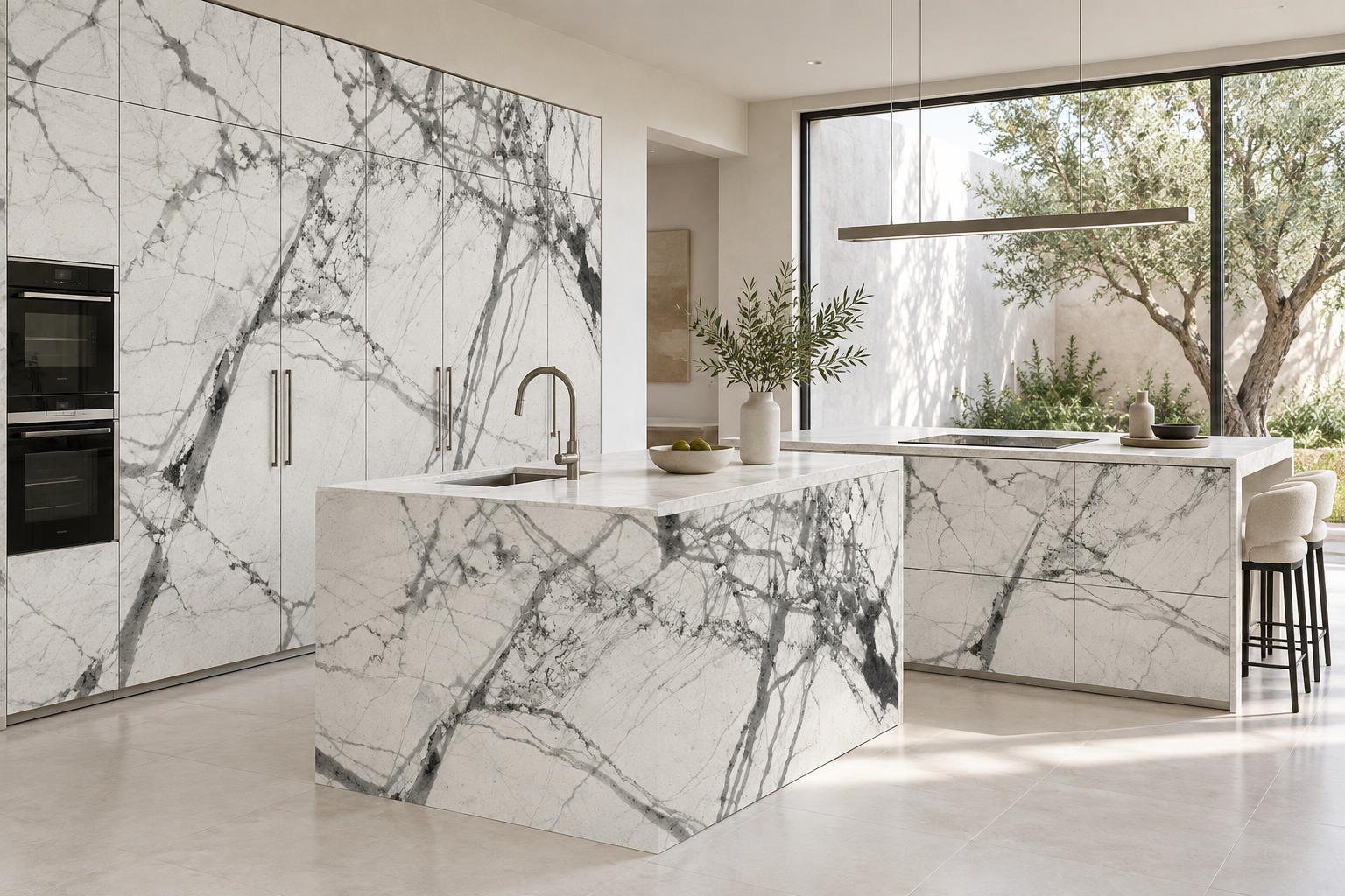 Kitchen design visualization with Glass Frost White HG3008 cabinetry