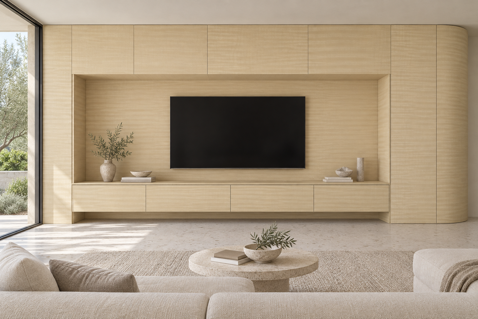 Design visualization: soft alcove media wall in Shadow Wood Yellow, decor HG3011