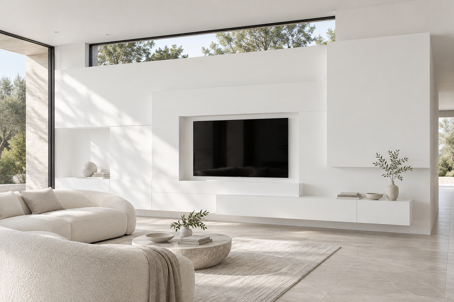 Design visualization: sculptural media wall in Chimera White, decor HK2000