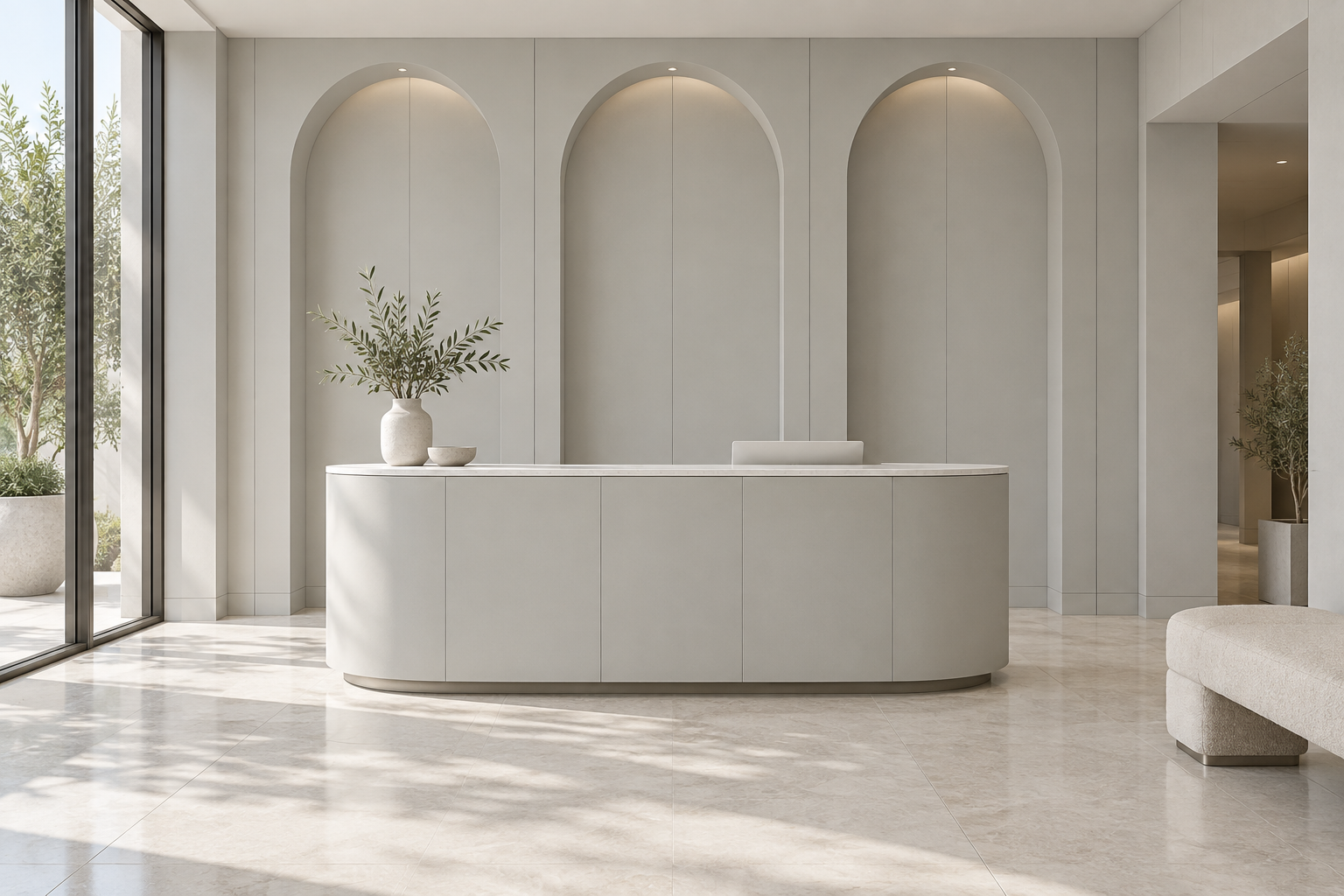 Design visualization: oval welcome desk in Angora Grey, decor HK2005