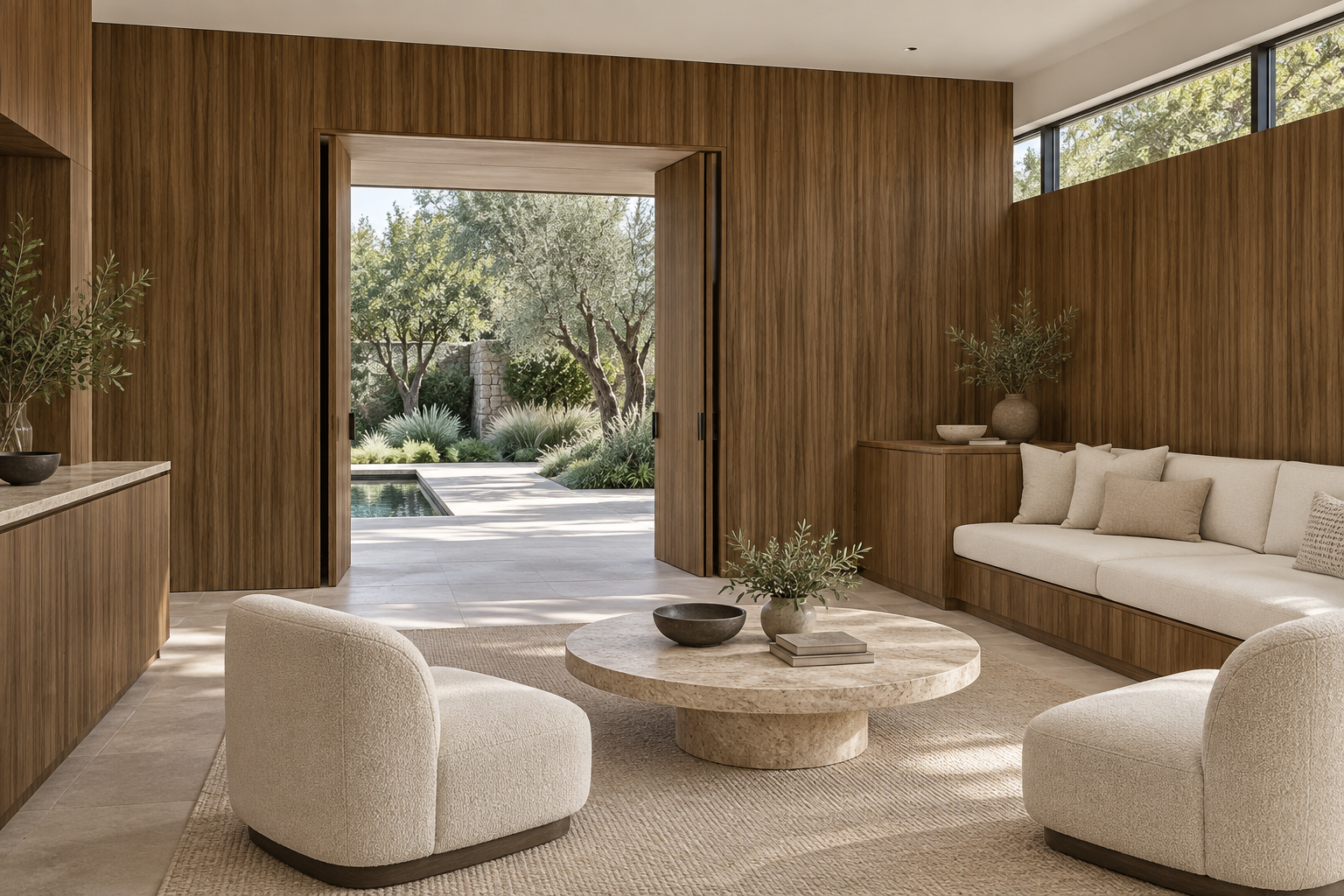 Design visualization: panelled conversation room in Rhythmic Walnut, decor HK2031