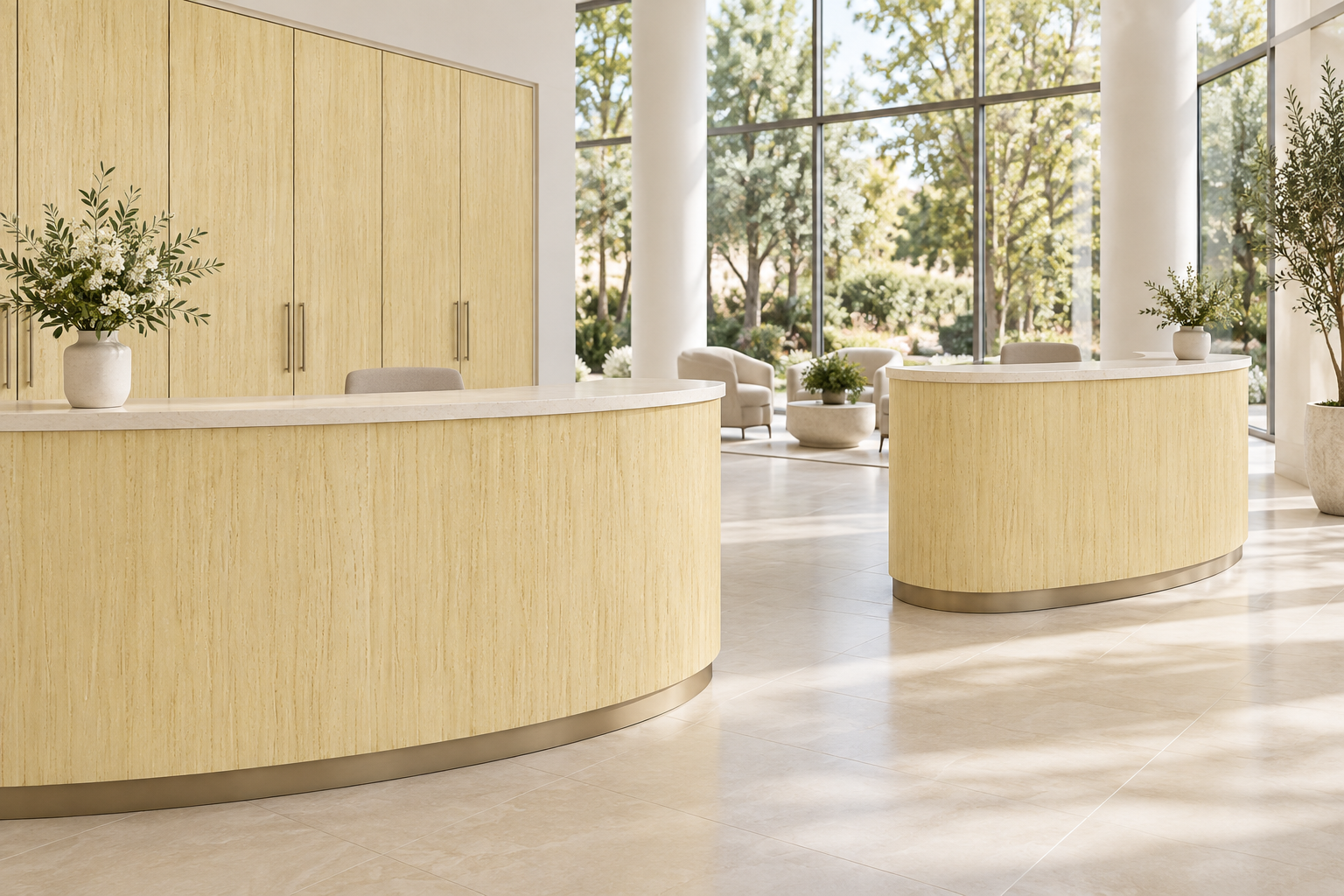 Design visualization: double-curved reception in Bessie Hickory Yellow, decor HT6043