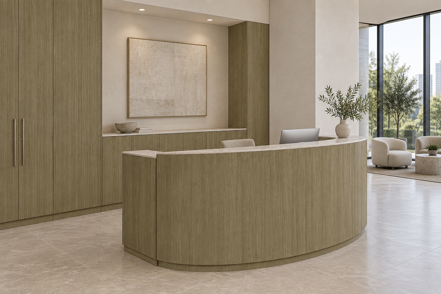 Design visualization: quarter-ellipse reception in Bessie Hickory Green, decor HT6044