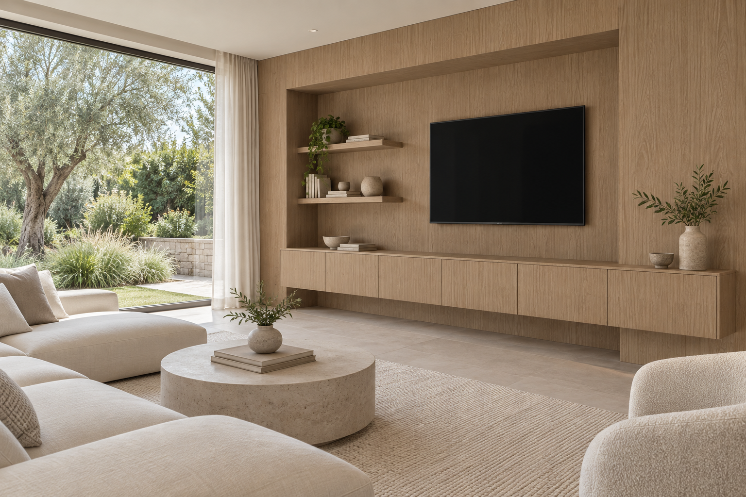 Design visualization: garden media alcove in Snow Elm Honey, decor HT6052
