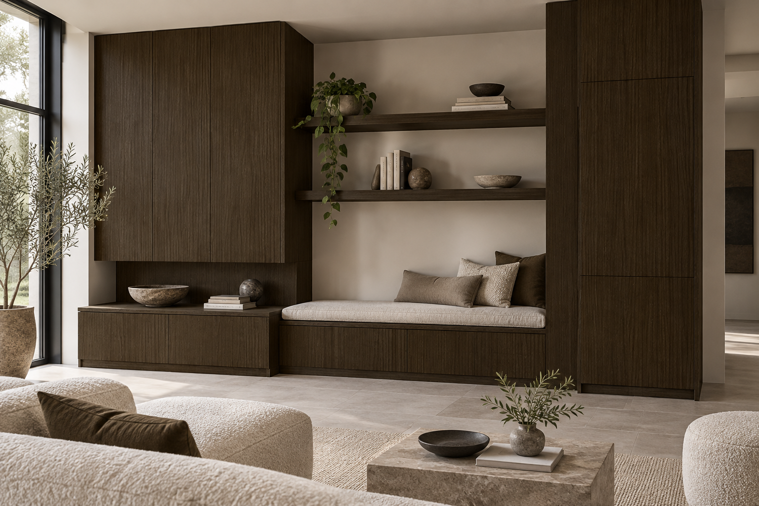 Design visualization: offset library wall in Snow Elm Bark, decor HT6053