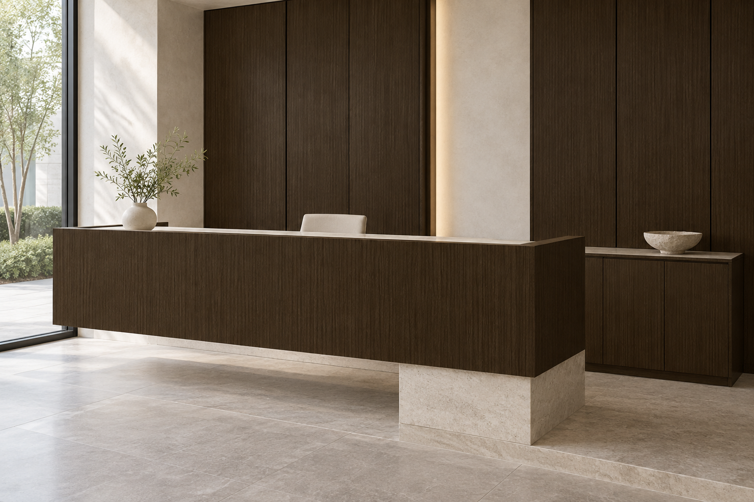 Design visualization: floating reception platform in Snow Elm Bark, decor HT6053
