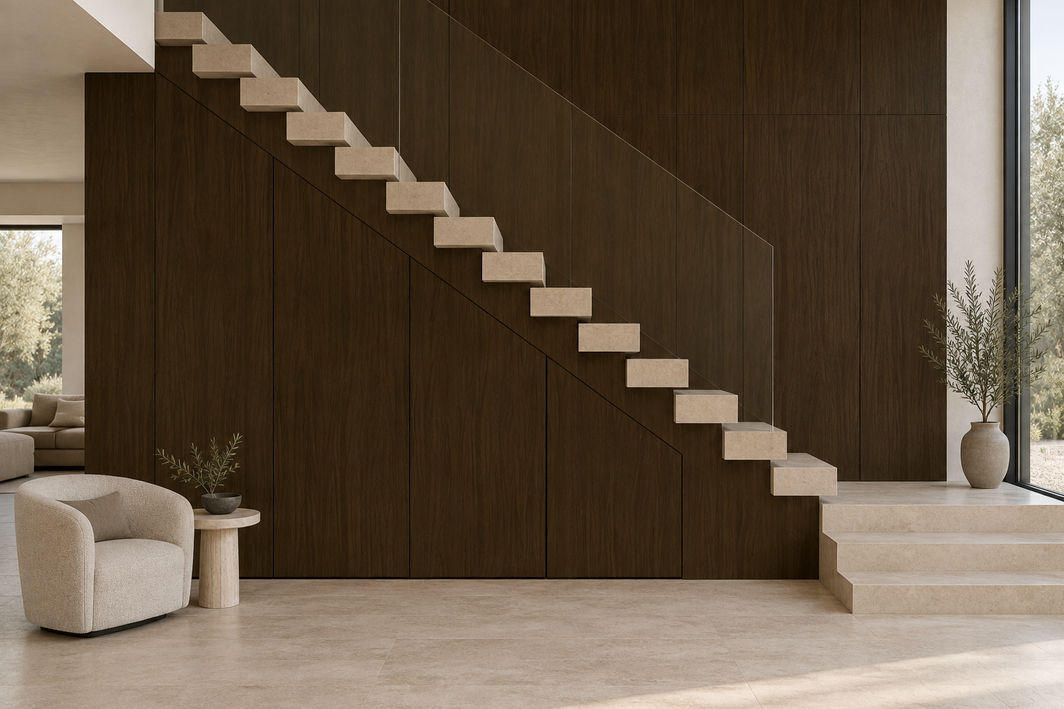 Design visualization: staircase panel wall in Ink Peach Haze, decor HT6063
