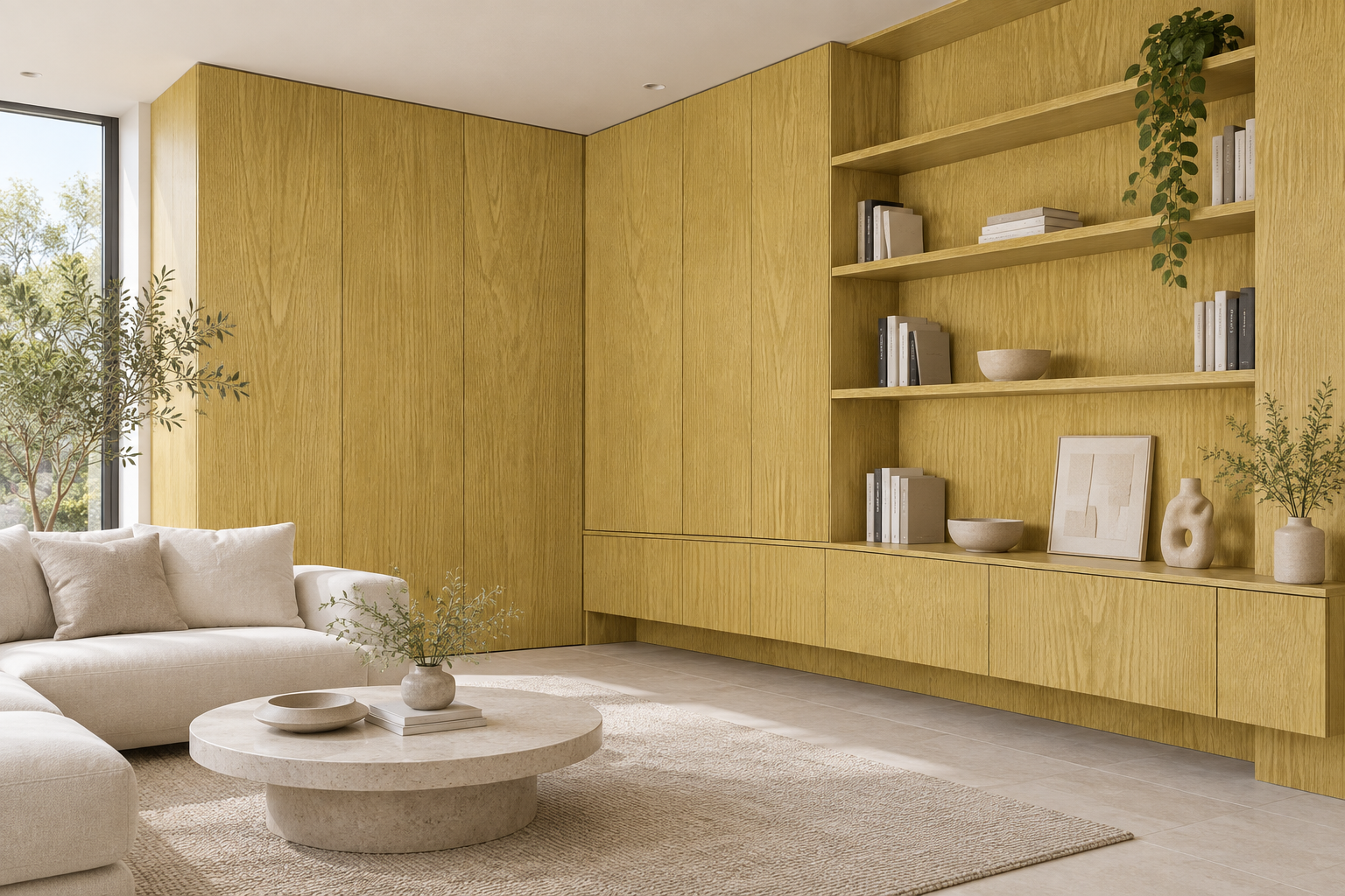 Design visualization: angled library wall in Kylin Elm Yellow, decor HT6072