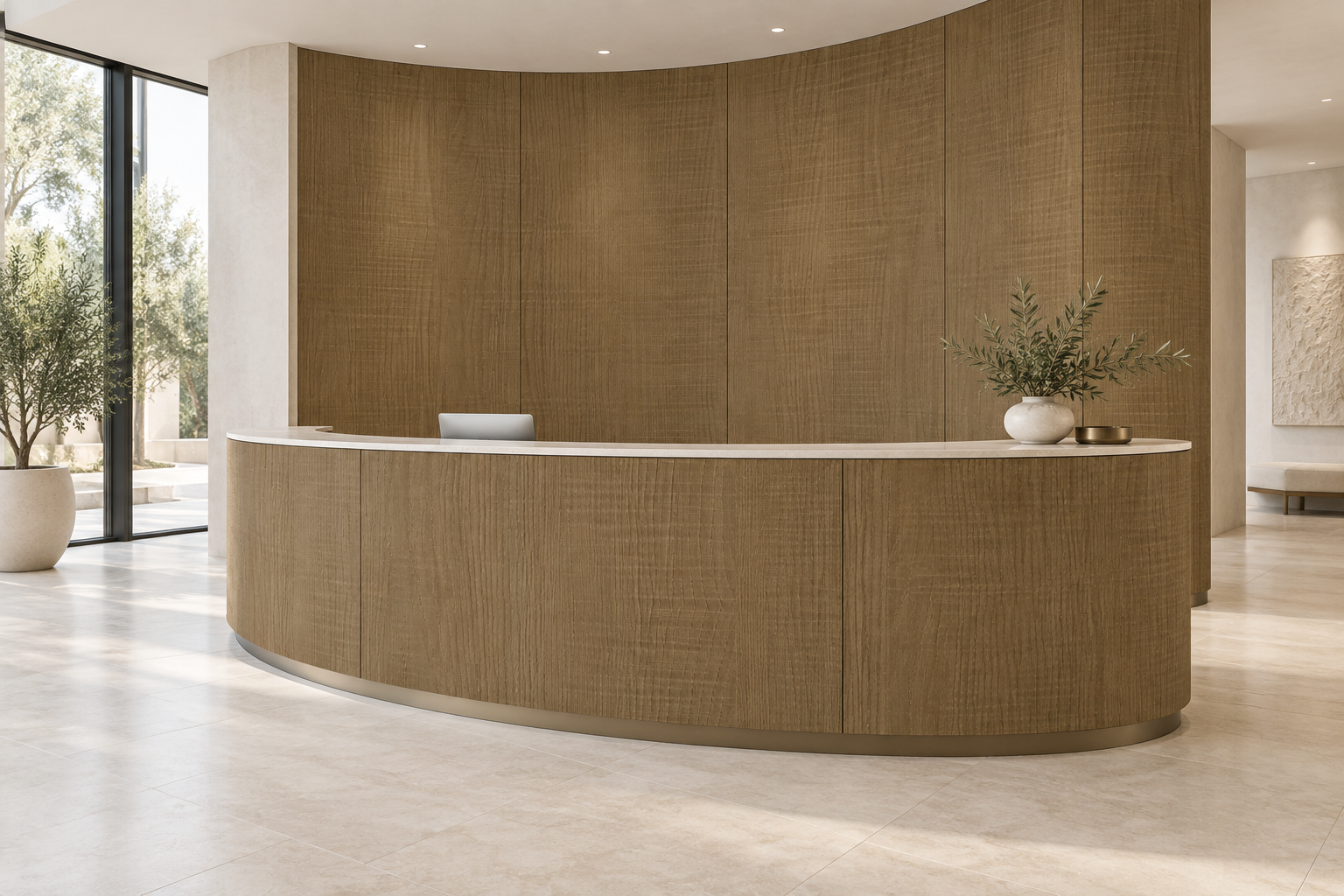 Design visualization: crescent reception in Saw Walnut Origin, decor HT6081