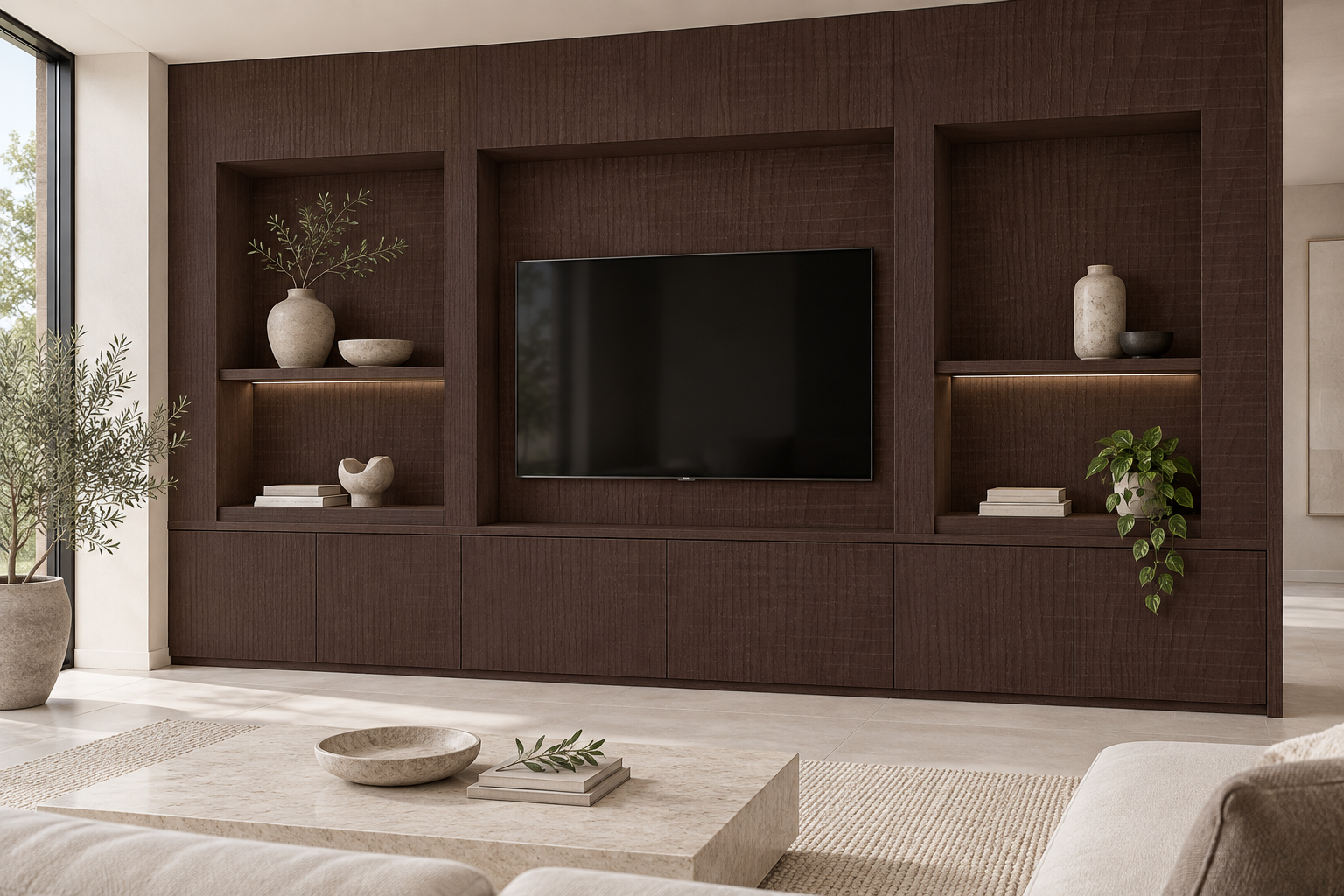 Design visualization: niche wall cladding in Saw Walnut Brown, decor HT6083