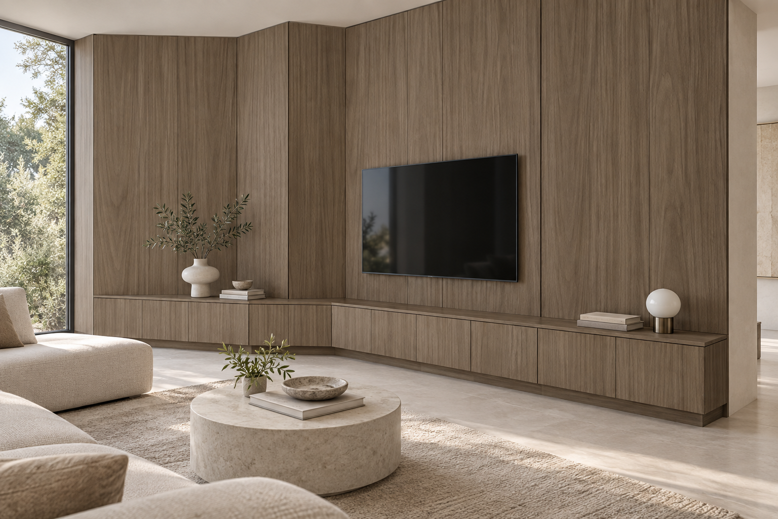 Design visualization: diagonal feature wall in Quarter Walnut Red, decor HT6092