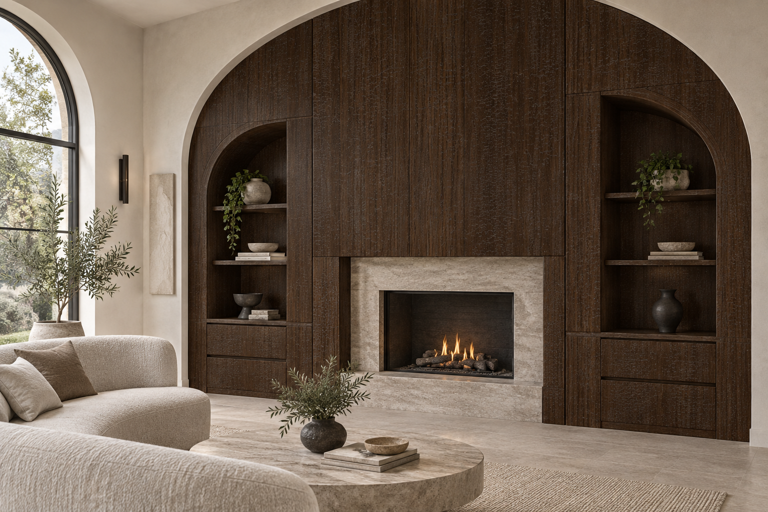 Design visualization: arched hearth paneling in Burnt Oak, decor HZ3030