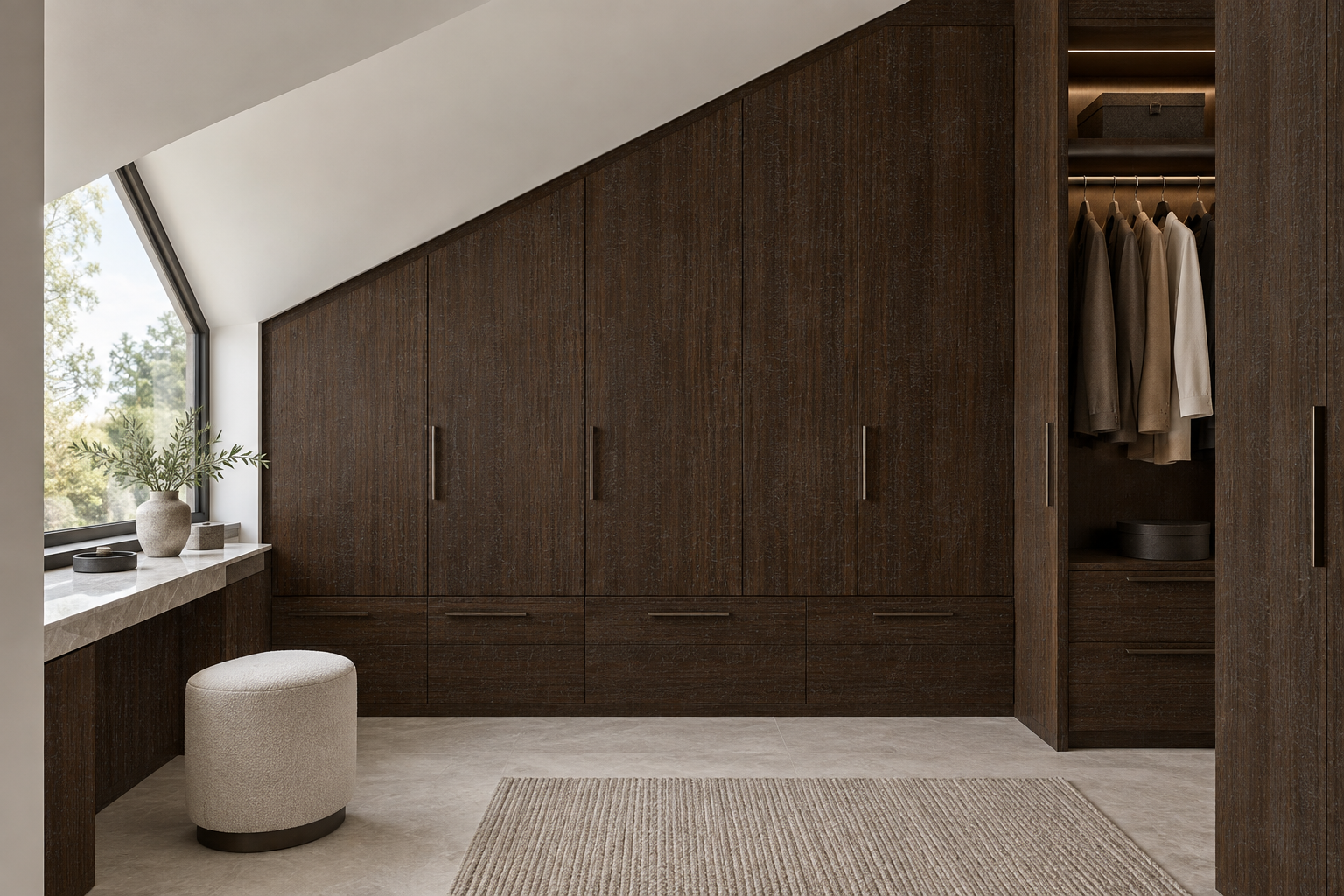 Design visualization: under-eaves wardrobes in Burnt Oak, decor HZ3030