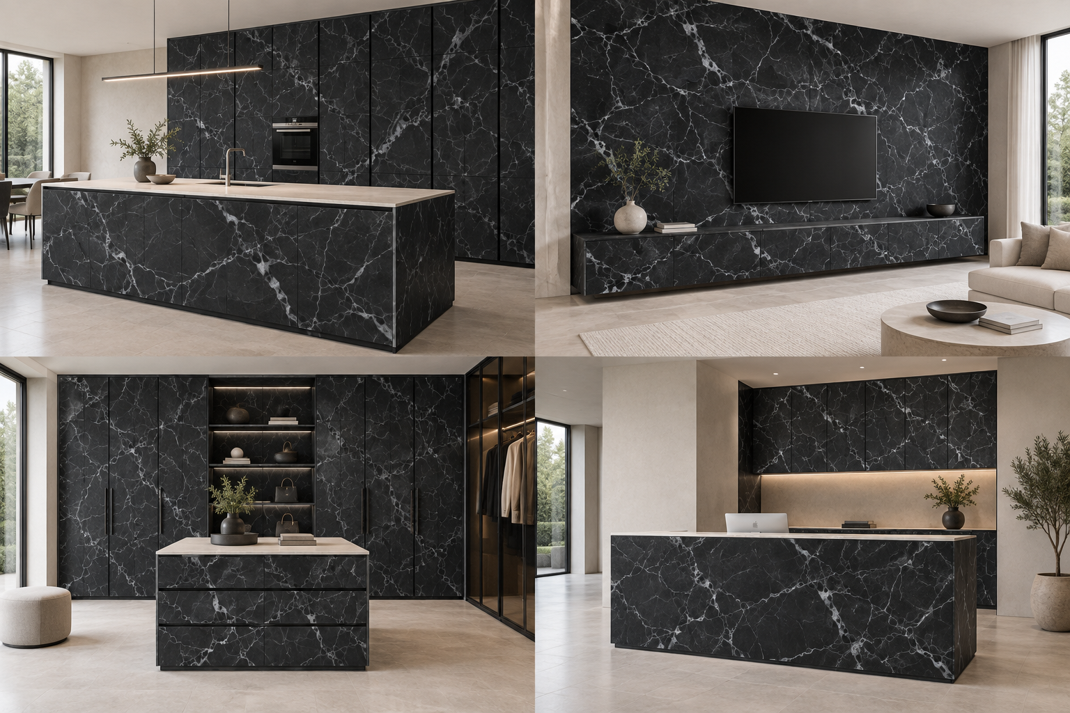 Kitchen design visualization with Glass Frost Black QH1088 cabinetry